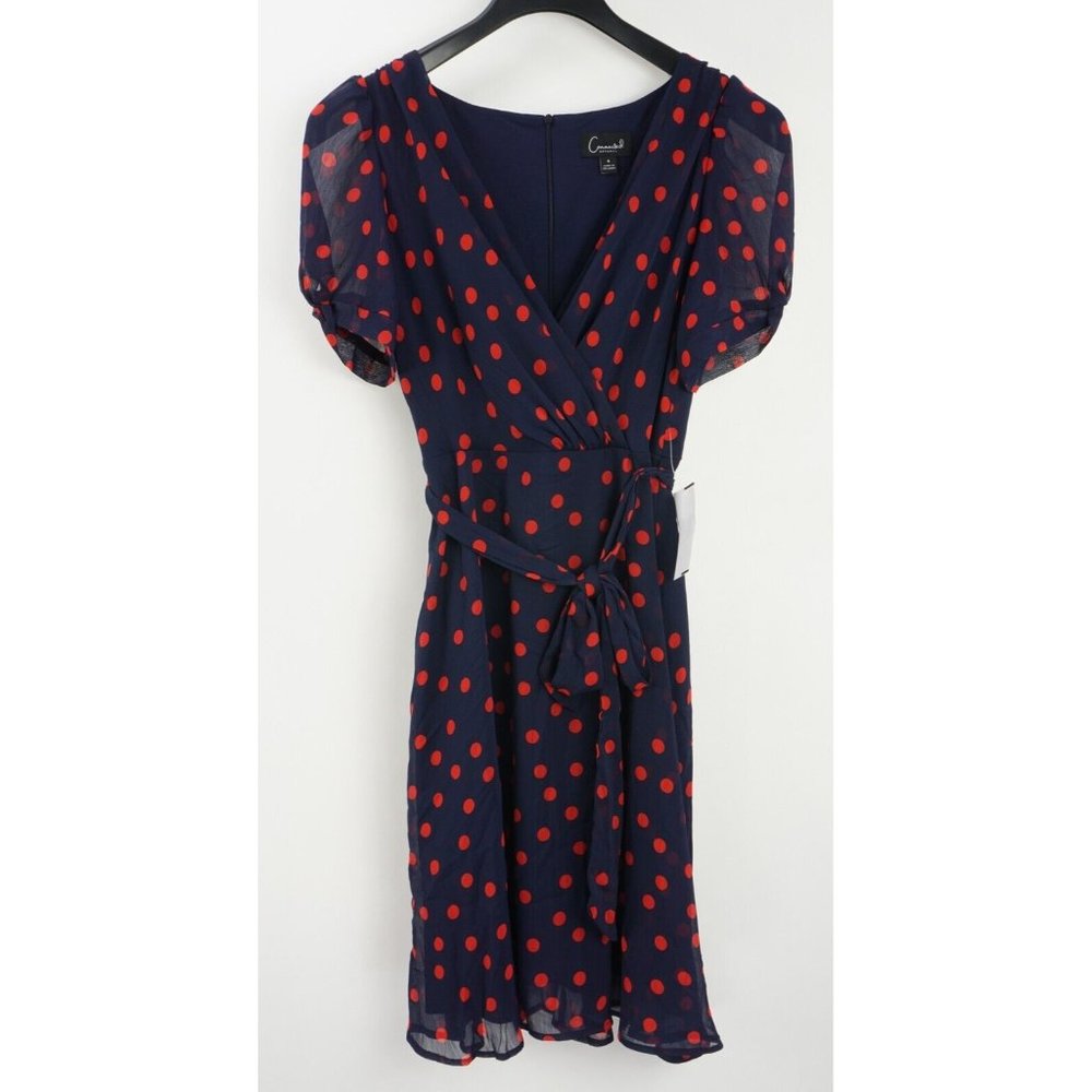New Connected Apparel Womens 4 Navy Blue Red Polka Dot Chiffon V-Neck Mini Dress